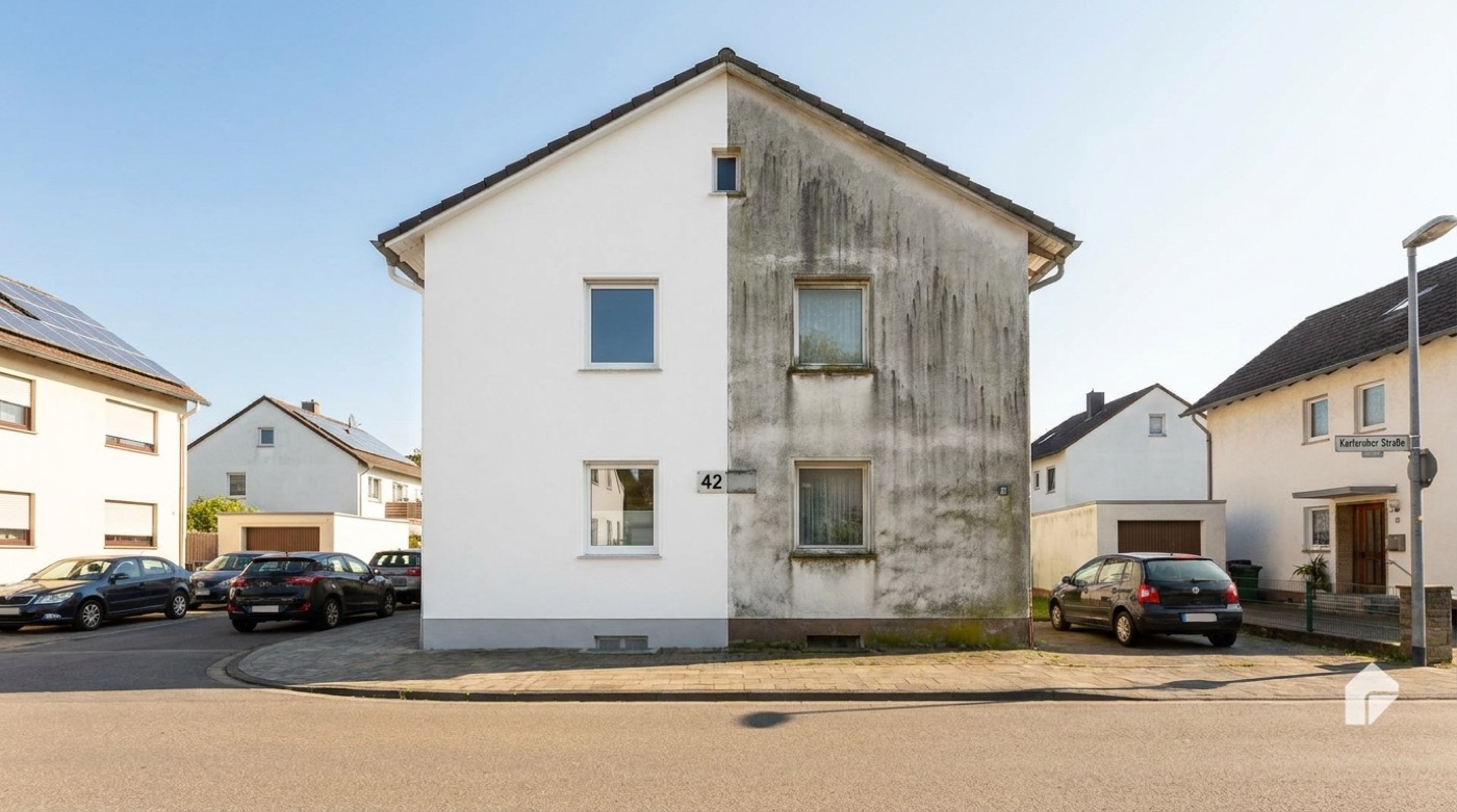 Vorher-Nachher: Fassadenreinigung an einem Einfamilienhaus